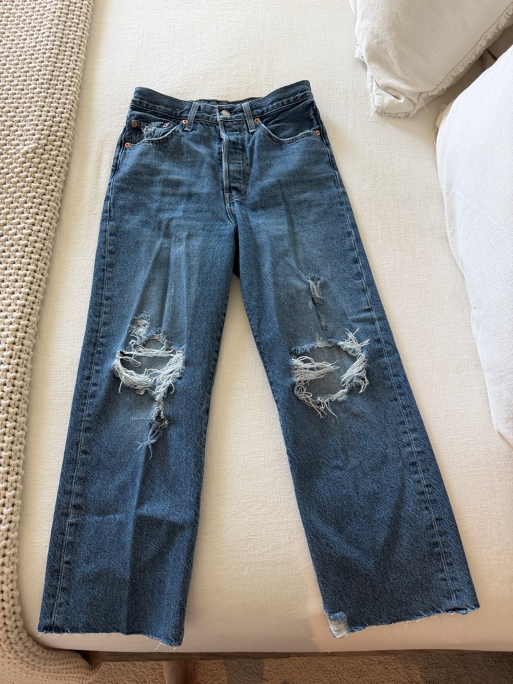 Levi's Dark Blue Distressed Straight-Leg Jeans